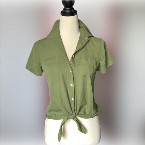 J. Crew Mercantile Green Button Down Tie Up Short Sleeve Shirt (NWT) - Picture 3 of 11